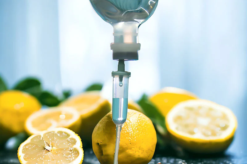 IV bag dripping liquid, lemons in the background. IV bag dripping liquid, lemons in the background.